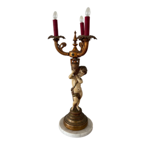 Antique Neoclassical Figural Candelabra Table Lamp, Featuring a Cherub or Putti Figurine Holding a Candelabra