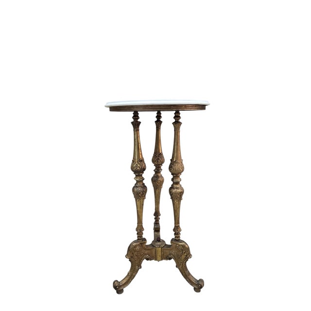 Antique Louis XVI Style Brass With Marble Top Pedestal/Side Table For Sale - Image 4 of 8