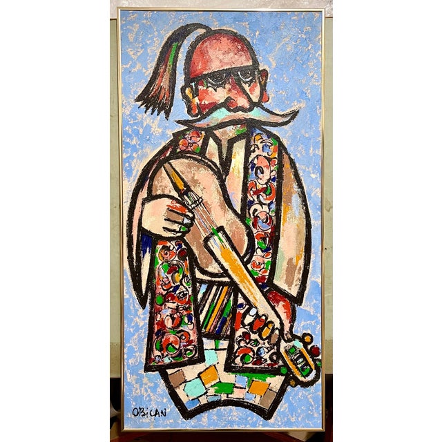 Mid 20th Century Jovan Obican, Large Naive European Folk Art Oil Painting Jovan Obican Klezmer Jazz Musician, c.1960's For Sale - Image 5 of 8