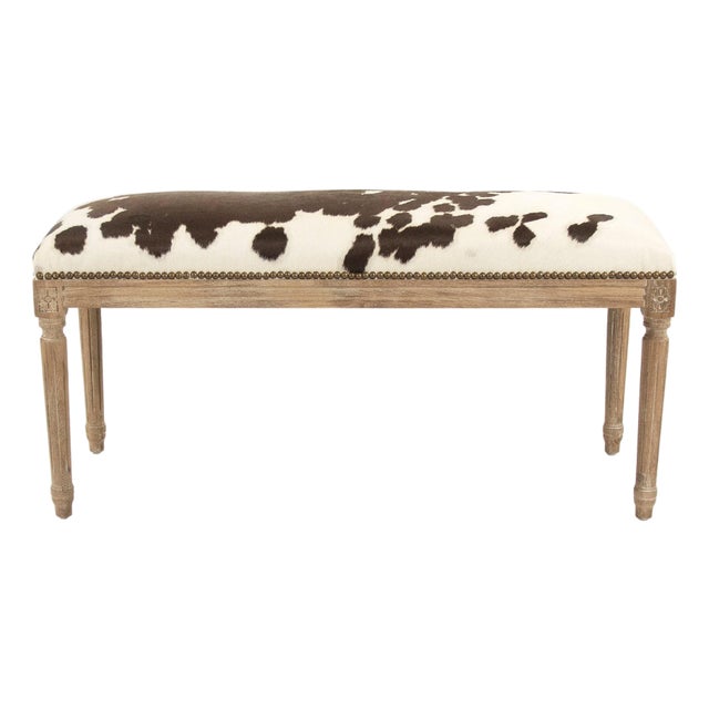 Lille White/Brown Spotted Cowhide Bench with Oak Frame For Sale