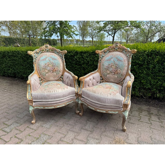 French 1940 French Louis XVI Pastel Beech Sofa Set - 3 Pc For Sale - Image 3 of 18