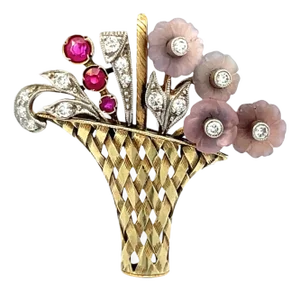 Mid 20th Century 14k Gold Floral Bouquet Vintage Brooch With Diamonds, Pink Sapphire & Amethyst