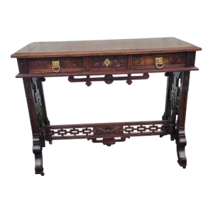 Victorian Eastlake Walnut Carved Detailed Desk With Original Leather Top, 19th C