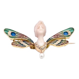 1900's Plique a Jour Butterfly With Carved Chalcedony Ladies Head For Sale