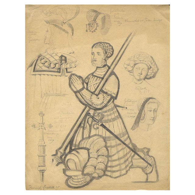 Heinrich Schlitt, German Medieval Costume Studies, 1875, Graphite Drawing For Sale