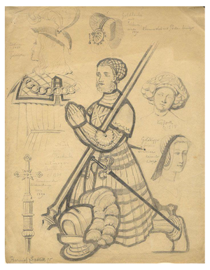 Heinrich Schlitt, German Medieval Costume Studies, 1875, Graphite Drawing