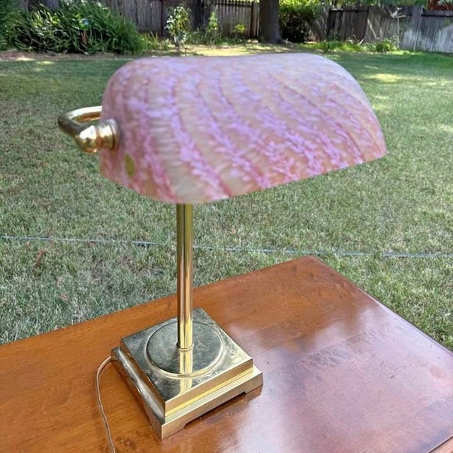 Art Deco CVV Vianne Vintage French Banker's Lamp With Pink Art Glass Shade For Sale - Image 3 of 5