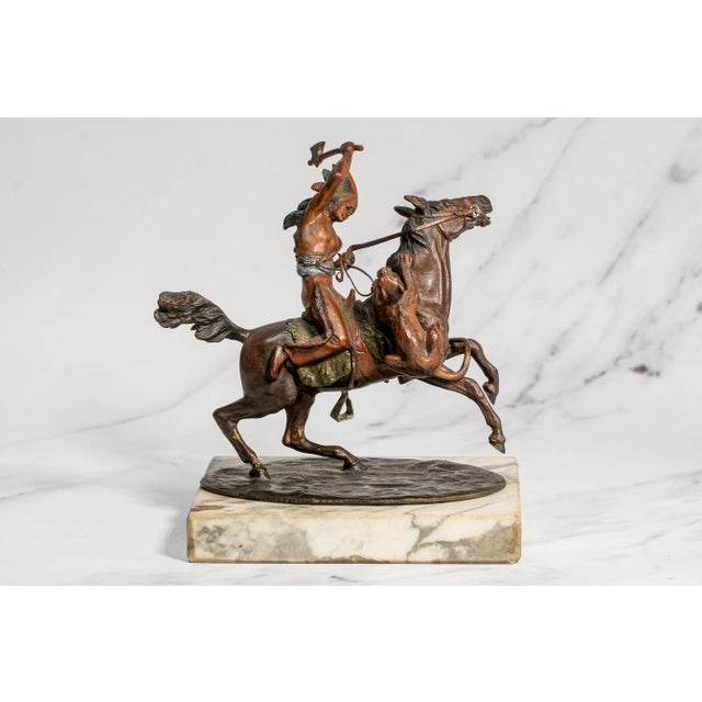 American Amazing Antique Cold Painted Bronze Sculpture Statue Native American Indian on Horse Western Art For Sale - Image 3 of 14