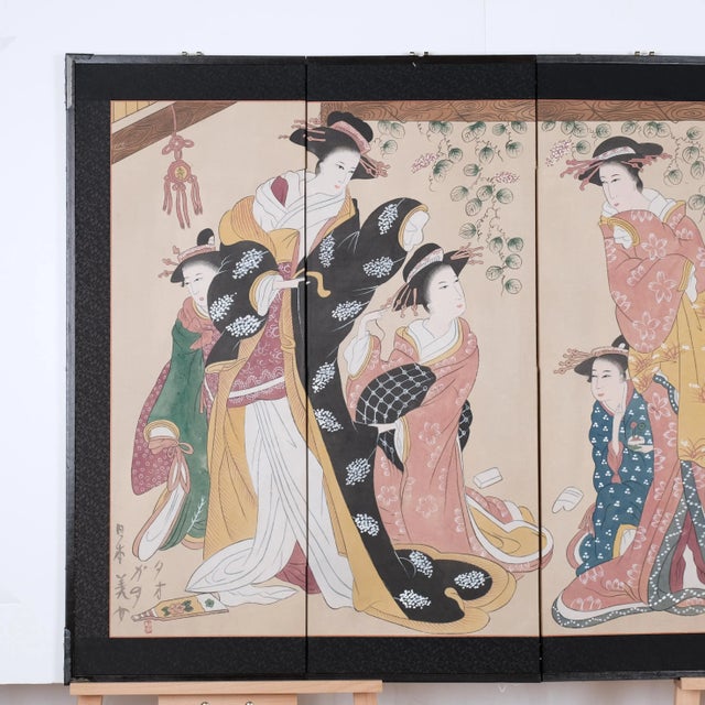 1980s Japanese Byobu 4-Panel Folding Screen Geishas For Sale - Image 4 of 11