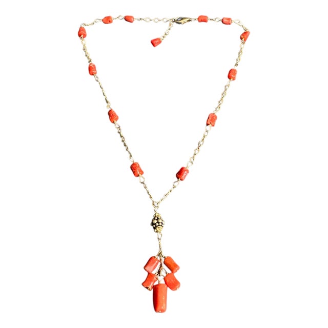 Vintage Coral Station Necklace 14k Gold Filled Lariat Y Pendant Natural Handmade For Sale