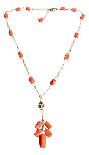 Vintage Coral Station Necklace 14k Gold Filled Lariat Y Pendant Natural Handmade