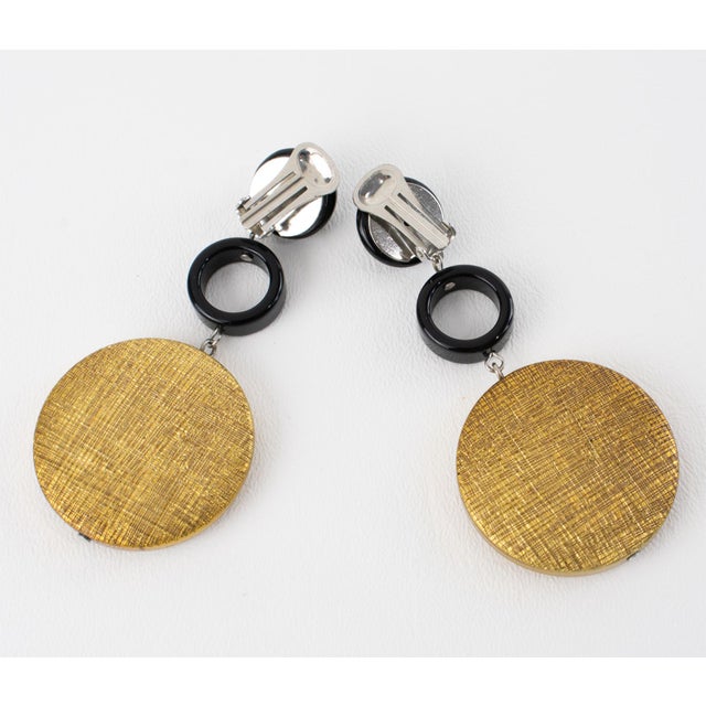 Angela Caputi Angela Caputi Black and Gilded Resin Disk Dangle Clip Earrings- Set of 2 For Sale - Image 4 of 8