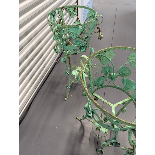 1970s 1970s Large Verdigris Wrought Iron Standing Planters With Decorative Dangling Rose and Leaf Motif, a Pair For Sale - Image 5 of 12