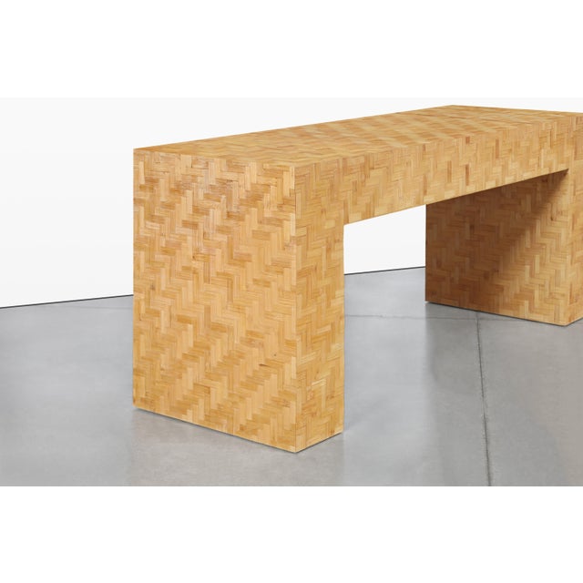 Wood Vintage Postmodern Bamboo Parquet Waterfall Console Table For Sale - Image 7 of 13