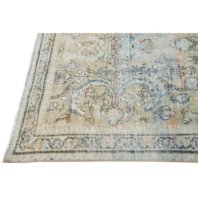 Antique Persian Mahal Handmade Floral Beige and Orange Wool Rug For Sale - Image 4 of 10