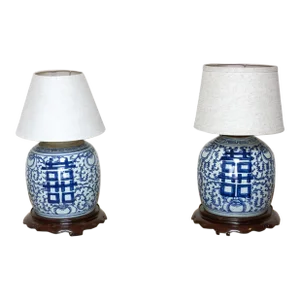 Pair of Vintage Blue & White Ginger Table Lamp