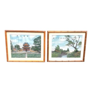 1960s Bamboo Framed Asian Textile Art - a Pair For Sale
