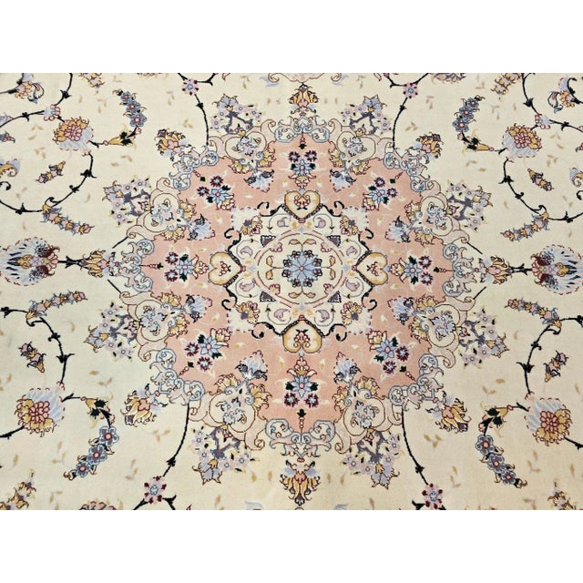 Persian Tabriz Rug, Hand-Knotted Wool & Silk, Fine Floral Pattern, Ivory & Pink, 7x10 For Sale - Image 12 of 12