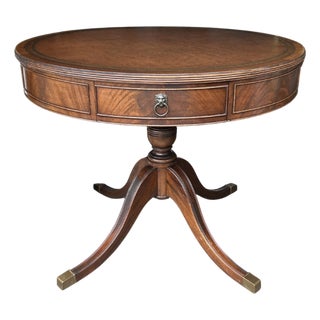 Early 20th Century Regency Style Mahogany Drum Table With Tooled Leather Top & Lion Head Brass Pulls – Pedestal Base Library Table For Sale