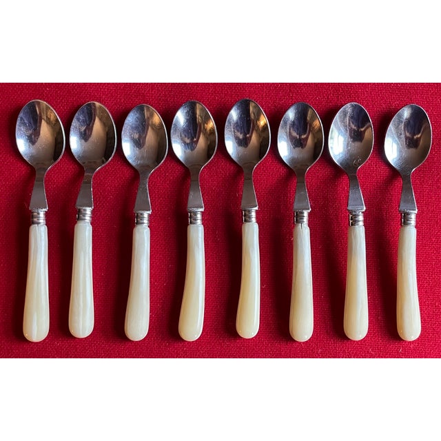 Metal French Stainless Steel Place Settings With Pearlized Handles Including Soup Spoons, Tea Spoons, Forks and Knives, a Service for Eight - 32 Pieces For Sale - Image 7 of 12