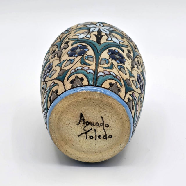 Tan Signed Aguado Toledo Spanish Ceramic Floral Relief Vase For Sale - Image 8 of 8