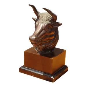 Vintage Bronze Bust of a Bull Statue on a Wooden Base 8 1/2" High
