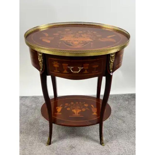 French Baroque Revival Style Oval Marquetry Side or End Table with Ormolu Accent French Baroque Revival Oval Marquetry...