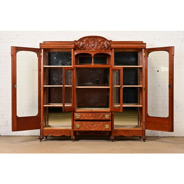 Late 19th Century R. J. Horner Style Antique Victorian Carved Cherry Wood Triple Bookcase, Circa 1880s For Sale - Image 5 of 13