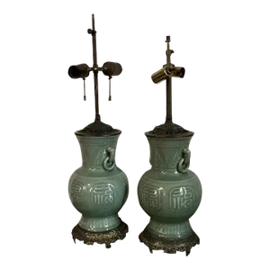 19th Century Chinese Monochrome Celadon Porcelain Urn Vase as Table Lamps in Bronze Mounts - A Pair