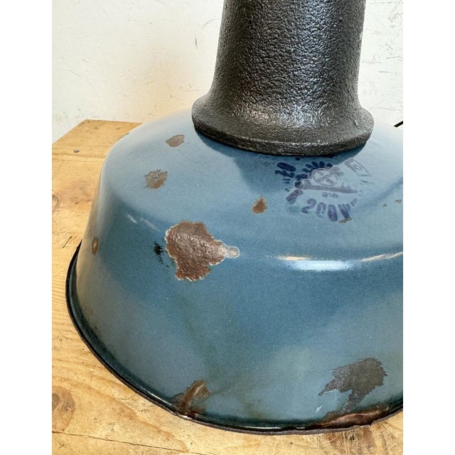 Industrial Blue Enamel Factory Lamp with Cast Iron Top, 1960s For Sale - Image 17 of 18
