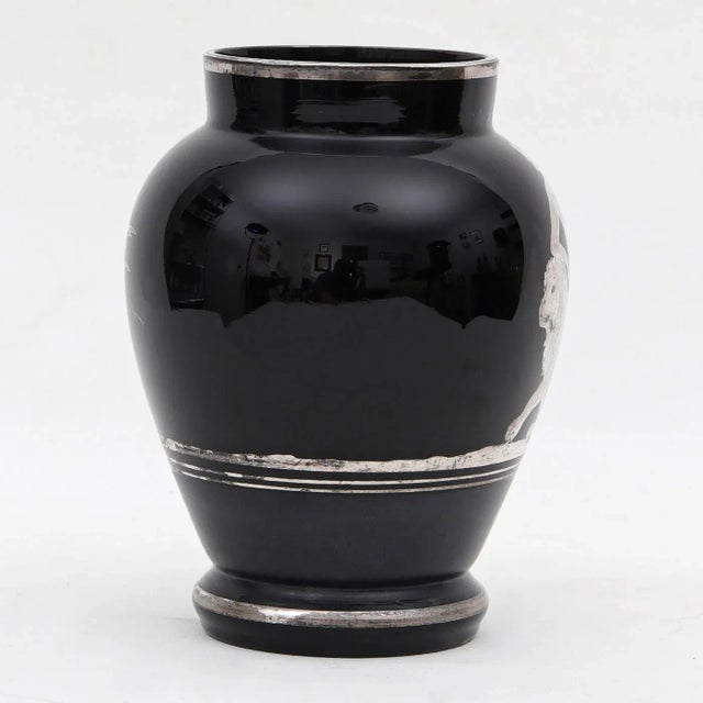 1930s Signed Czechoslovakian Black Glass Vase With Classical Figure For Sale - Image 4 of 6