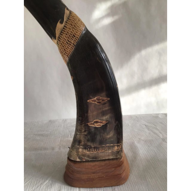 Black 1950s Carved Horns with Dragon Motif on Wood Base - A Pair For Sale - Image 8 of 10