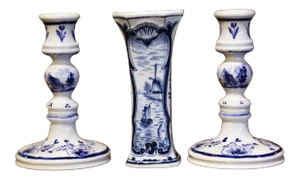 Pair of Vintage Blue and White Faience Candles Holder and Vase Stamped Delft