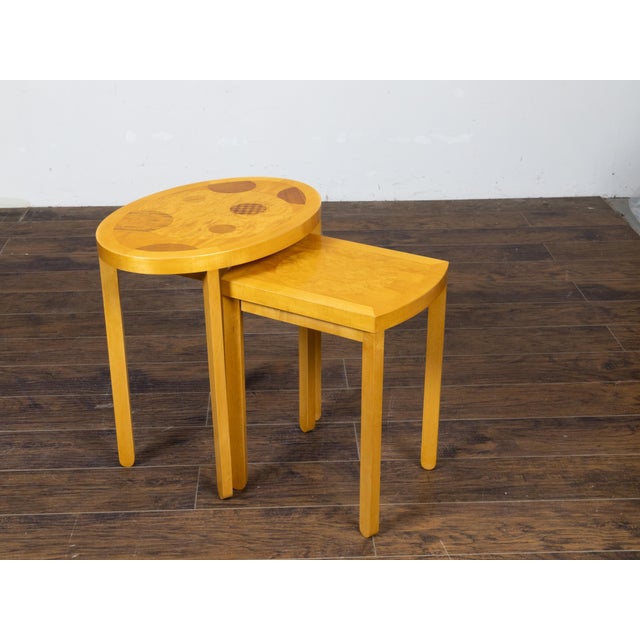 Mid 20th Century Baker Furniture Art Deco Style Nesting Tables with Whimsical Geometric Motifs For Sale In Atlanta - Image 6 of 12