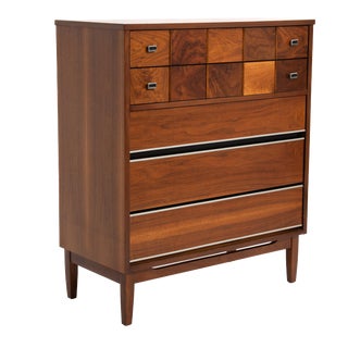 Mid-Century Walnut Burl Highboy Bachelors Chest Unmarked American Modern For Sale