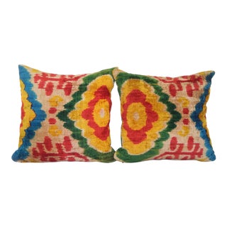Handmade Soft Silk Velvet Ikat Pillow - Set of Two For Sale