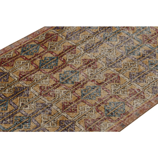 Rug & Kilim 1960s Vintage Distressed Rug in Golden-Brown With Blue & Red Geometric Patterns For Sale - Image 4 of 8