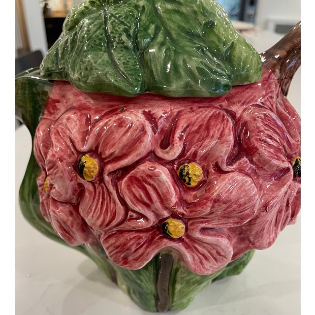 Ceramic Cabbage Ware Floral Teapot - Vintage Majolica With Hibiscus For Sale - Image 7 of 11