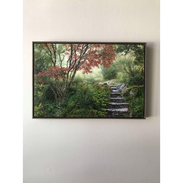 This artwork depicts a serene pathway winding through a lush, vibrant landscape, where a rich tapestry of greenery...