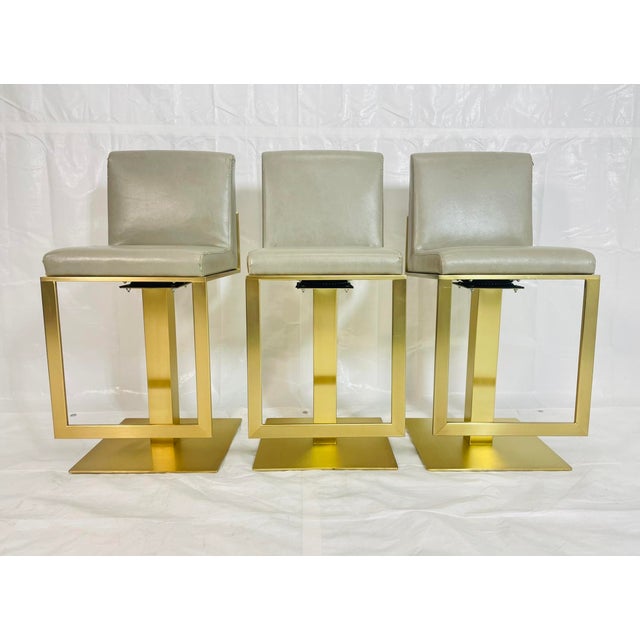 2010s Set of 3 Lisa Taylor “Lobby” Brass Swivel Counter Stools, Usa For Sale - Image 5 of 18