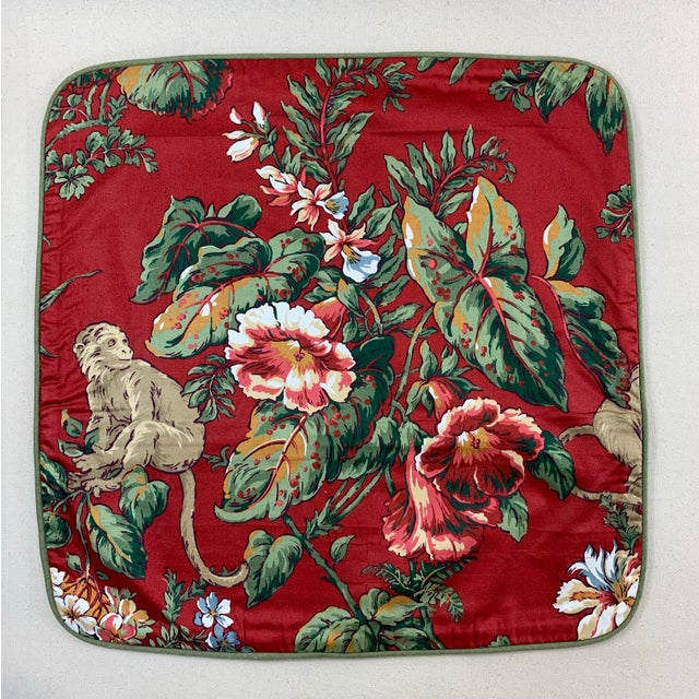 Traditional Designer Ronald Redding York Textiles Brown Green Red Botanical Floral Jungle Hibiscus Monkey Palm Frond Tropical Pillow Covers- 22" Pair For Sale - Image 3 of 6
