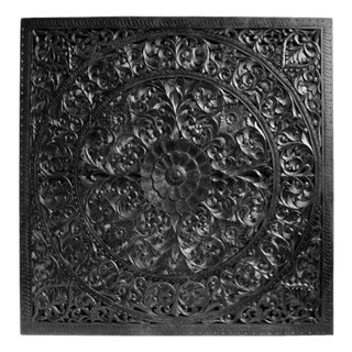 Vintage Ebony Boho Indian 79" Square Carved Wood Panel / Headboard For Sale