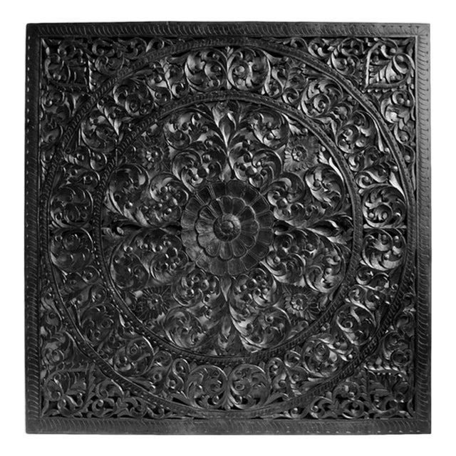 Vintage Ebony Boho Indian 79" Square Carved Wood Panel / Headboard For Sale