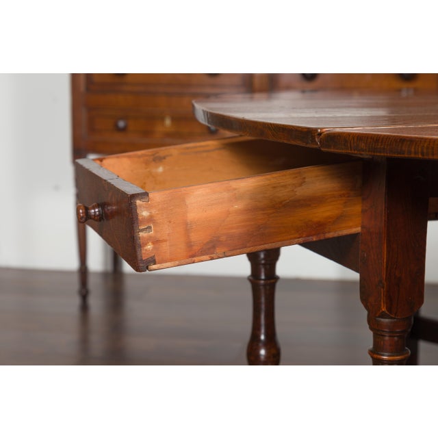 English Oval Oak Drop-Leaf Table with Single Drawer and Baluster Legs For Sale - Image 9 of 11