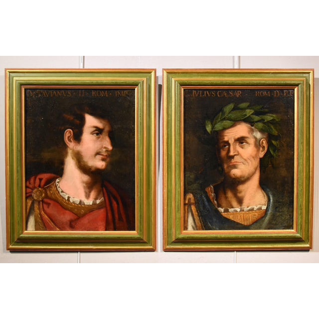 Follower of Tiziano Vecellio, Portraits of Julius Caesar & Octavian, 1700, Oil on Canvases, Framed, Set of 2 For Sale - Image 4 of 18