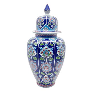 Handmade Ceramic Shah Vase (30cm) Royal Cobalt Blue Background Floral Temple Jar For Sale