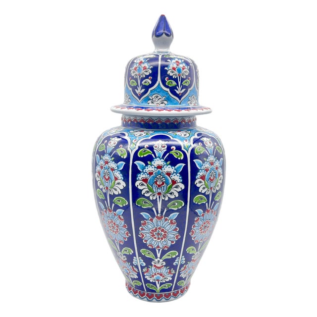 Handmade Ceramic Shah Vase (30cm) Royal Cobalt Blue Background Floral Temple Jar For Sale