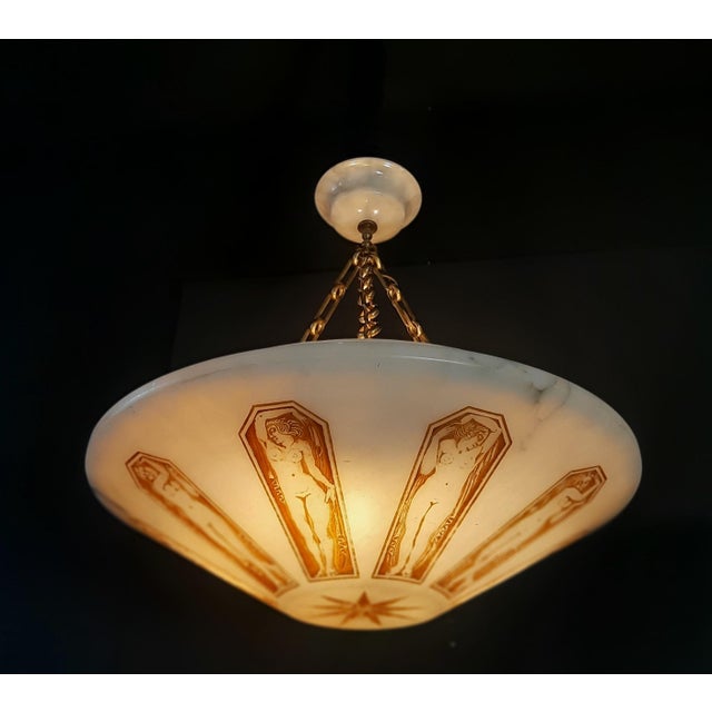 Art Deco Three-Light Alabaster Pendant Lamp, 1920s For Sale - Image 3 of 12