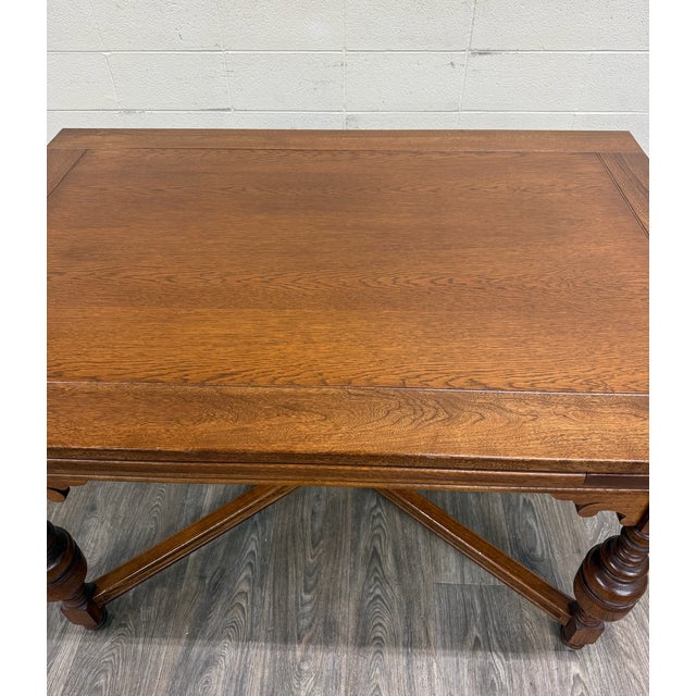 Vintage Old English Tudor Jacobean Revival Style Oak Draw Leaf Dining Table For Sale - Image 11 of 18