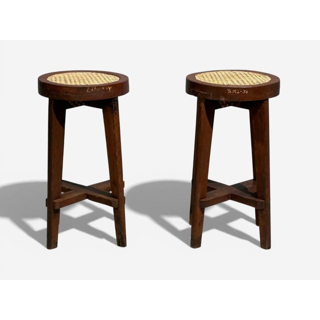 Pierre Jeanneret, French Mid-Century Modern, Stools, Cane, Teak, Chandigarh, India c. 1960s Pair of rare model PJ-SI-21-A...